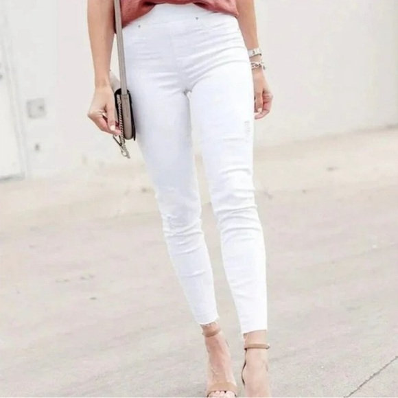 SPANX White High Rise Stretch Distressed Skinny Ankle Raw Hem Jeans Size M - Picture 2 of 16